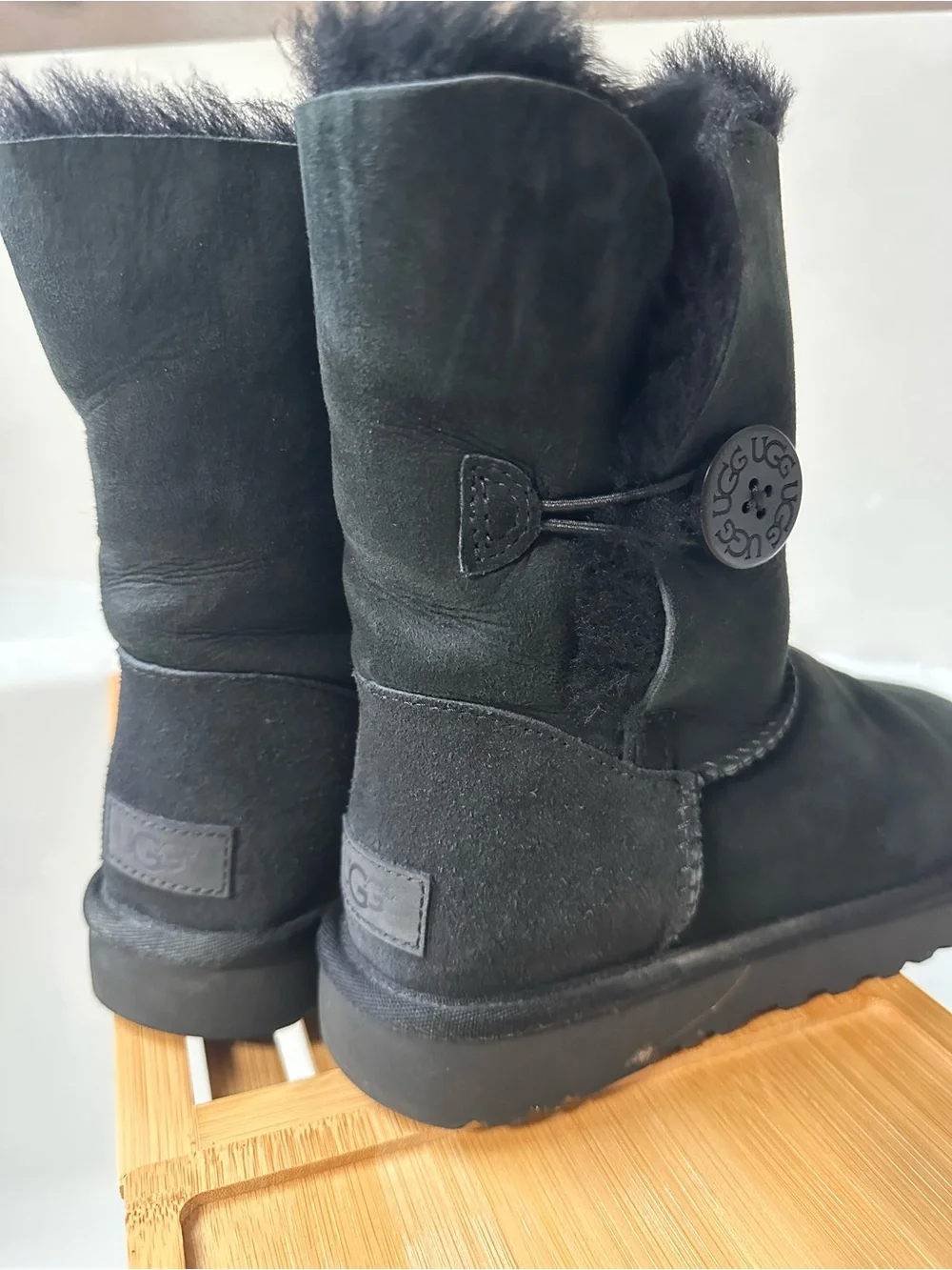 UGG Black Suede Shearling Button Winter Boots - Women's